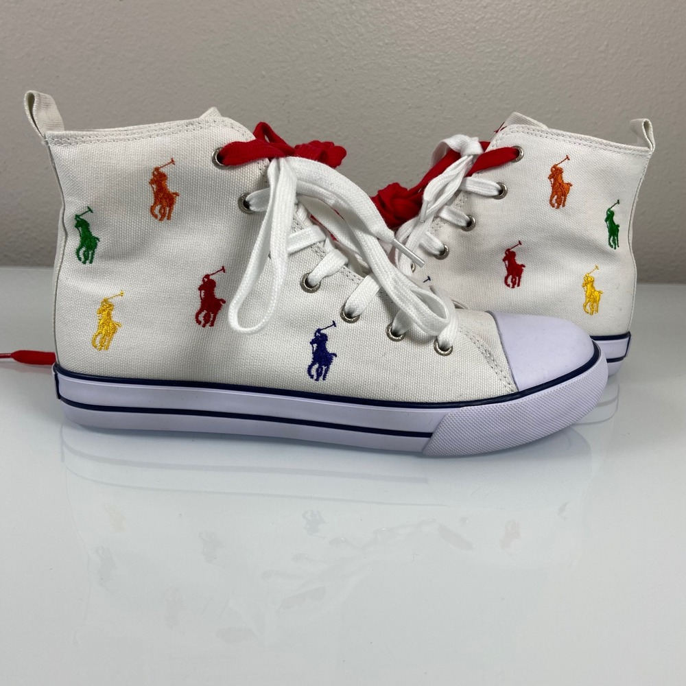 Polo Ralph Lauren Boys 5.5 White Multi-Color Pony High Top Sneakers NWOB Canvas